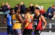 29 July 2018; Leon Reid of Menapians A.C., Co. Wexford, right, is congratulated by Kaodichinma Ogbene of Leevale A.C., Co Cork,  after winning the Senior Men 100m event during the Irish Life Health National Senior T&F Championships Day 2 at Morton Stadium in Santry, Dublin. Photo by Sam Barnes/Sportsfile