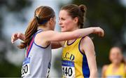 29 July 2018; Ciara Mageean of U.C.D. A.C., Co. Dublin, right, is congratulated by Siofra Cleirigh Buttner of Dundrum South Dublin A.C., Co. Dublin, after winning the Senior Women 1500m event during the Irish Life Health National Senior T&F Championships Day 2 at Morton Stadium in Santry, Dublin. Photo by Sam Barnes/Sportsfile