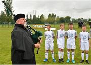 29 July 2018; Piper Chris O'Brien prior to the final between Crumlin United and St Kevin's during Ireland's premier underaged soccer tournament, the Volkswagen Junior Masters. The competition sees U13 teams from around Ireland compete for the title and a €2,500 prize for their club, over the days of July 28th and 29th, at AUL Complex in Dublin. Photo by Seb Daly/Sportsfile