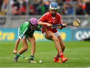 29 July 2018; Niamh Duffy, Coldwood National School, Craughwell, Co. Galway, representing Limerick, in action against Alison Donegan, Milford National School, Charleville, representing Cork, during the INTO Cumann na mBunscol GAA Respect Exhibition Go Games at the GAA Hurling All-Ireland Senior Championship semi-final match between Cork and Limerick at Croke Park in Dublin. Photo by Piaras Ó Mídheach/Sportsfile