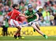 29 July 2018; Shane Rigney, St Rynagh's National School, Banagher, Offaly, representing Limerick, and Joe Dynes, St Patrick's PS, Ballygalget, Down, representing Cork, during the INTO Cumann na mBunscol GAA Respect Exhibition Go Games at the GAA Hurling All-Ireland Senior Championship semi-final match between Cork and Limerick at Croke Park in Dublin. Photo by Stephen McCarthy/Sportsfile