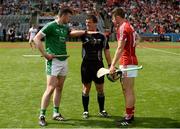 29 July 2018; Referee Paud O'Dwyer with team-captains Declan Hannon of Limerick and Séamus Harnedy of Cork before the GAA Hurling All-Ireland Senior Championship semi-final match between Cork and Limerick at Croke Park in Dublin. Photo by Piaras Ó Mídheach/Sportsfile