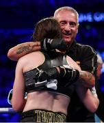 28 July 2018; Katie Taylor is congratulated by cutman Ian Jumbo Johnson following her WBA & IBF World Lightweight Championship bout with Kimberly Connor at The O2 Arena in London, England. Photo by Stephen McCarthy/Sportsfile
