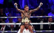 28 July 2018; Conor Benn is carried in victory by his father Nigel following victory over Cedric Peynaud during their WBA Continental Welterweight Championship bout at The O2 Arena in London, England. Photo by Stephen McCarthy/Sportsfile