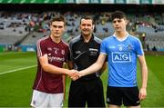 28 July 2018; The two captains Seán Neary of Galway and Donal Leavy of Dublin shake hands across referee Patrick Murphy before the Electric Ireland GAA Hurling All-Ireland Minor Championship Semi-Final match between Dublin and Galway at Croke Park in Dublin. Photo by Ray McManus/Sportsfile