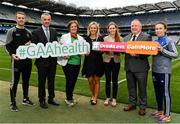 31 July 2018; In attendance during the launch of the Drink Less, Gain More campaign, and GAA/HSE Health Theme Day, are, from left, Noel McGrath of Tipperary, Professor Donal O’Shea, HSE Clinical Lead for Obesity, Marian Rackard, HSE Alcohol Programme, Stacey Cahill, National Health and Well Being Coordinator, Stephanie O’Keefe, HSE National Director, Strategic Transformation & Planning, Jim Bolger, GAA Vice President and Sharon Courtney of Monaghan at Croke Park in Dublin. Photo by Sam Barnes/Sportsfile