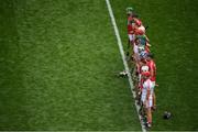 29 July 2018; The Cork team line up for the national anthem prior to the GAA Hurling All-Ireland Senior Championship semi-final match between Cork and Limerick at Croke Park in Dublin. Photo by Brendan Moran/Sportsfile