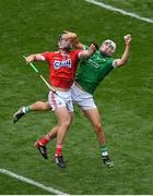 29 July 2018; Aaron Gillane of Limerick gains possession of the ball ahead of Colm Spillane of Cork during the GAA Hurling All-Ireland Senior Championship semi-final match between Cork and Limerick at Croke Park in Dublin. Photo by Brendan Moran/Sportsfile