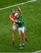 29 July 2018; Aaron Gillane of Limerick contests a dropping ball with Colm Spillane of Cork during the GAA Hurling All-Ireland Senior Championship semi-final match between Cork and Limerick at Croke Park in Dublin. Photo by Brendan Moran/Sportsfile