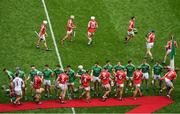 29 July 2018; The Cork and Limerick players shake hands prior to the GAA Hurling All-Ireland Senior Championship semi-final match between Cork and Limerick at Croke Park in Dublin. Photo by Brendan Moran/Sportsfile