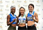 28 July 2018; Senior women's triple jump medallists, from left, Caoimhe Cronin of Le Chéile A.C., Co. Kildare, bronze, Saragh Buggy of St Abbans A.C., Co. Carlow, gold, and Grace Furlong of Waterford A.C., Co. Waterford, silver, during the Irish Life Health National Senior T&F Championships Day 1 at Morton Stadium in Santry, Dublin. Photo by Sam Barnes/Sportsfile