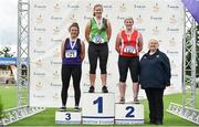 28 July 2018; Senior Women Discus medallists, from left, Emma Owens of St. Pauls A.C., Co. Wexford, bronze, Niamh Fogarty of North Westmeath A.C., Co. Westmeath, gold, and Anne-Marie Torsney of Fingallians A.C., Co. Dublin, alongside Athletics Ireland President Georgina Drumm during the Irish Life Health National Senior T&F Championships Day 1 at Morton Stadium in Santry, Dublin. Photo by Sam Barnes/Sportsfile
