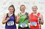 28 July 2018; Senior Women Discus medallists, from left, Emma Owens of St. Pauls A.C., Co. Wexford, bronze, Niamh Fogarty of North Westmeath A.C., Co. Westmeath, gold, and Anne-Marie Torsney of Fingallians A.C., Co. Dublin, during the Irish Life Health National Senior T&F Championships Day 1 at Morton Stadium in Santry, Dublin. Photo by Sam Barnes/Sportsfile