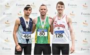 28 July 2018; Senior Men Triple Jump medallists, from left, Jai Benson of Lagan Valley A.C., Co. Antrim, silver, Denis Finnegan of An Riocht A.C., Co. Kerry, gold, and Oisin Taylor of Crusaders A.C., Co. Dublin, silver, during the Irish Life Health National Senior T&F Championships Day 1 at Morton Stadium in Santry, Dublin. Photo by Sam Barnes/Sportsfile