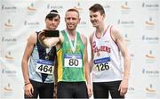 28 July 2018; Senior Men Triple Jump medallists, from left, Jai Benson of Lagan Valley A.C., Co. Antrim, silver, Denis Finnegan of An Riocht A.C., Co. Kerry, gold, and Oisin Taylor of Crusaders A.C., Co. Dublin, silver, take a selfie during the Irish Life Health National Senior T&F Championships Day 1 at Morton Stadium in Santry, Dublin. Photo by Sam Barnes/Sportsfile