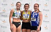 28 July 2018; Ciara Neville of Emerald A.C., Co. Limerick, silver, Phil Healy of Bandon A.C., Co. Cork, gold, and Catherine MacManus of Dublin City Harriers A.C., Co Dublin, bronze, during the Irish Life Health National Senior T&F Championships Day 1 at Morton Stadium in Santry, Dublin. Photo by Sam Barnes/Sportsfile