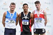 28 July 2018; Senior Men 200m medallists, from left, Marcus Lawler of St. Laurence O'Toole A.C., Co. Carlow, silver, Leon Reid of Menapians A.C., Co. Wexford, gold, and Cillin Greene of Galway City Harriers A.C., Co. Galway, bronze, event during the Irish Life Health National Senior T&F Championships Day 1 at Morton Stadium in Santry, Dublin. Photo by Sam Barnes/Sportsfile