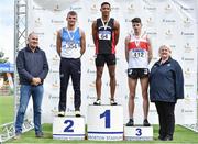 28 July 2018; Senior Men 200m medallists, from left, Marcus Lawler of St. Laurence O'Toole A.C., Co. Carlow, silver, Leon Reid of Menapians A.C., Co. Wexford, gold, and Cillin Greene of Galway City Harriers A.C., Co. Galway, bronze, alongside Jim Dowdall, Managing Director at Irish Life Health, and Athletics Ireland President Georgina Drumm event during the Irish Life Health National Senior T&F Championships Day 1 at Morton Stadium in Santry, Dublin. Photo by Sam Barnes/Sportsfile