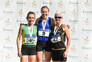 28 July 2018; Senior Women 5000m medallists, from left, Shona Heaslip of An Riocht A.C., Co. Kerry, silver, Emma Mitchell of Queens University AC, Belfast, gold, and Annmarie McGlynn of Letterkenny A.C., Co. Donegal, bronze, during the Irish Life Health National Senior T&F Championships Day 1 at Morton Stadium in Santry, Dublin. Photo by Sam Barnes/Sportsfile