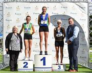 28 July 2018; Senior Women 5000m medallists, from left, Shona Heaslip of An Riocht A.C., Co. Kerry, silver, Emma Mitchell of Queens University AC, Belfast, gold, and Annmarie McGlynn of Letterkenny A.C., Co. Donegal, bronze, alongside Athletics Ireland President Georgina Drumm, left, during the Irish Life Health National Senior T&F Championships Day 1 at Morton Stadium in Santry, Dublin. Photo by Sam Barnes/Sportsfile