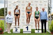 29 July 2018; Senior Women 100mH, medallists, from left, Kate Doherty of Dundrum South Dublin A.C., Co. Dublin, silver, Sarah Lavin of U.C.D. A.C., Co. Dublin, gold, and Elizabeth Morland of Cushinstown A.C., Co. Meath, bronze, alongside Athletics Ireland President Georgina Drumm, left, during the Irish Life Health National Senior T&F Championships Day 2 at Morton Stadium in Santry, Dublin. Photo by Sam Barnes/Sportsfile