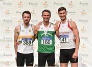 28 July 2018; Senior Men 400mH medallists, from left, Paul Byrne of St Abbans A.C., Co. Carlow, silver, Thomas Barr of Ferrybank A.C., Co. Waterford, gold, and Jason Harvey of Crusaders A.C., Co. Dublin, bronze, during the Irish Life Health National Senior T&F Championships Day 1 at Morton Stadium in Santry, Dublin. Photo by Sam Barnes/Sportsfile