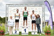 28 July 2018; Senior Men 400mH medallists, from left, Paul Byrne of St Abbans A.C., Co. Carlow, silver, Thomas Barr of Ferrybank A.C., Co. Waterford, gold, and Jason Harvey of Crusaders A.C., Co. Dublin, bronze, alongside Athletics Ireland President Georgina Drumm, left, and Liz Rowen, Head of Marketing at Irish Life Health, during the Irish Life Health National Senior T&F Championships Day 1 at Morton Stadium in Santry, Dublin. Photo by Sam Barnes/Sportsfile