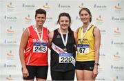 29 July 2018; Senior Women Shot Put medallists, from left, Geraldine Stewart of Tír Chonaill A.C., Co. Donegal, silver, Michaela Walsh of Swinford A.C., Co. Mayo, gold, and Roisin Howard of Bandon A.C., Co. Cork, bronze, during the Irish Life Health National Senior T&F Championships Day 2 at Morton Stadium in Santry, Dublin. Photo by Sam Barnes/Sportsfile