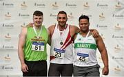 29 July 2018; Senior Men Discus medallists, from left, Eoin Sheridan of North Westmeath A.C., Co. Westmeath, silver, Marco Pons of D.M.P. A.C., Co.Wexford, gold, and Eric Favors of Raheny Shamrock A.C., Co. Dublin, bronze, during the Irish Life Health National Senior T&F Championships Day 2 at Morton Stadium in Santry, Dublin. Photo by Sam Barnes/Sportsfile