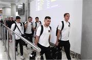 31 July 2018; Ronan Murray and Georgie Kelly, right, of Dundalk on their arrival at Larnaca International Airport in Cyprus. Photo by Stephen McCarthy/Sportsfile