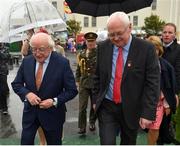 1 August 2018; President Michael D Higgins, left, is welcomed to the racecourse by Peter Allen, Chairman of Galway Race Committee, prior to racing at the Galway Races Summer Festival 2018, in Ballybrit, Galway. Photo by Seb Daly/Sportsfile