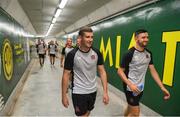1 August 2018; Patrick McEleney, left, and Dean Jarvis arrive for a Dundalk training session at the AEK Arena in Larnaca, Cyprus. Photo by Stephen McCarthy/Sportsfile