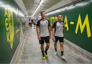 1 August 2018; Daniel Cleary, left, and Dylan Connolly arrive for a Dundalk training session at the AEK Arena in Larnaca, Cyprus. Photo by Stephen McCarthy/Sportsfile