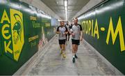 1 August 2018; Chris Shields, right, and Sam Byrne arrive for a Dundalk training session at the AEK Arena in Larnaca, Cyprus. Photo by Stephen McCarthy/Sportsfile