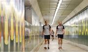 1 August 2018; Georgie Kelly, left, and Sean Hoare arrive for a Dundalk training session at the AEK Arena in Larnaca, Cyprus. Photo by Stephen McCarthy/Sportsfile