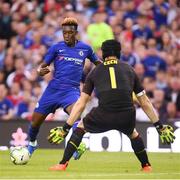 1 August 2018; Callum Hudson-Odoi of Chelsea in action against Petr Cech of Arsenal during the International Champions Cup match between Arsenal and Chelsea at the Aviva Stadium in Dublin. Photo by Ramsey Cardy/Sportsfile
