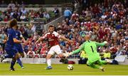 1 August 2018; Sead Kolašinac of Arsenal in action against Willy Caballero of Chelsea during the International Champions Cup match between Arsenal and Chelsea at the Aviva Stadium in Dublin. Photo by Sam Barnes/Sportsfile