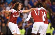 1 August 2018; Mattéo Guendouzi of Arsenal celebrates with team-mates Alex Iwobi, centre, and Mohamed Elneny following their side's victory following a penalty shoot-out in the International Champions Cup match between Arsenal and Chelsea at the Aviva Stadium in Dublin. Photo by Ramsey Cardy/Sportsfile