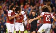1 August 2018; Alex Iwobi of Arsenal, centre, celebrates with Mohamed Elneny, left, and Mattéo Guendouzi after scoring the winning penalty during the International Champions Cup match between Arsenal and Chelsea at the Aviva Stadium in Dublin. Photo by Sam Barnes/Sportsfile