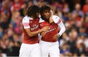 1 August 2018; Alex Iwobi of Arsenal, right, celebrates with Mohamed Elneny and after scoring the winning penalty during the International Champions Cup match between Arsenal and Chelsea at the Aviva Stadium in Dublin. Photo by Sam Barnes/Sportsfile
