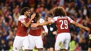 1 August 2018; Alex Iwobi of Arsenal, centre, celebrates with Mohamed Elneny, left, and Mattéo Guendouzi after scoring the winning penalty during the International Champions Cup match between Arsenal and Chelsea at the Aviva Stadium in Dublin. Photo by Sam Barnes/Sportsfile