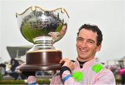 2 August 2018; Jockey Patrick Mullins with the trophy after winning the Guinness Galway Hurdle Handicap on Sharjah during the Galway Races Summer Festival 2018, in Ballybrit, Galway. Photo by Seb Daly/Sportsfile