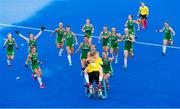 2 August 2018; Ireland players celebrate with goalkeeper Ayeisha McFerran after their victory in a penalty shootout during the Women's Hockey World Cup Finals Quarter-Final match between Ireland and India at the Lee Valley Hockey Centre in QE Olympic Park, London, England. Photo by Craig Mercer/Sportsfile