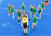 2 August 2018; Ireland players celebrate with goalkeeper Ayeisha McFerran after their victory in a penalty shootout during the Women's Hockey World Cup Finals Quarter-Final match between Ireland and India at the Lee Valley Hockey Centre in QE Olympic Park, London, England. Photo by Craig Mercer/Sportsfile