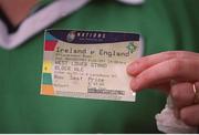 30 March 2003; A rugby supporter displays his ticket on his way to the RBS Six Nations Rugby Championship match between Ireland and England at Lansdowne Road in Dublin. Photo by Brendan Moran/Sportsfile