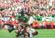 30 March 2003; Ireland's Alan Quinlan is tackled by Jason Leonard and Martin Johnson, bottom, England. RBS Six Nations Rugby Championship, Ireland v England, Lansdowne Road, Dublin. Photo by Matt Browne/Sportsfile