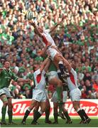 30 March 2003; England's Martin Johnson wins possession in the lineout from Ireland's Paul O'Connell. RBS Six Nations Rugby Championship, Ireland v England, Lansdowne Road, Dublin. Photo by Matt Browne/Sportsfile