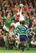 30 March 2003; England's Martin Johnson contests a high ball with Ireland's Malcolm O'Kelly, left, and Paul O'Connell. RBS Six Nations Rugby Championship, Ireland v England, Lansdowne Road, Dublin. Photo by Brendan Moran/Sportsfile
