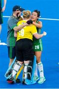 2 August 2018; Ayeisha McFerran of Ireland celebrates with team mate Anna O’Flanagan after the Women's Hockey World Cup Finals Quarter-Final match between Ireland and India at the Lee Valley Hockey Centre in QE Olympic Park, London, England. Photo by Craig Mercer/Sportsfile