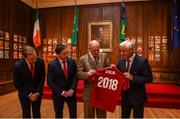 3 August 2018; Liverpool legends Ian Rush, Robbie Fowler and Jason McAteer visit Lord Mayor Nial Ring at Dublin's Mansion House to promote the Liverpool v Napoli game in Aviva Stadium on Saturday, August 4. Pictured is Dublin Lord Mayor Nial Ring being presented with a jersey by Ian Rush, alongside Jason McAteer and Robbie Fowler at the Liverpool Ambassadors visit to Dublin Lord Mayor at the Mansion House in Dublin. Photo by Eóin Noonan/Sportsfile